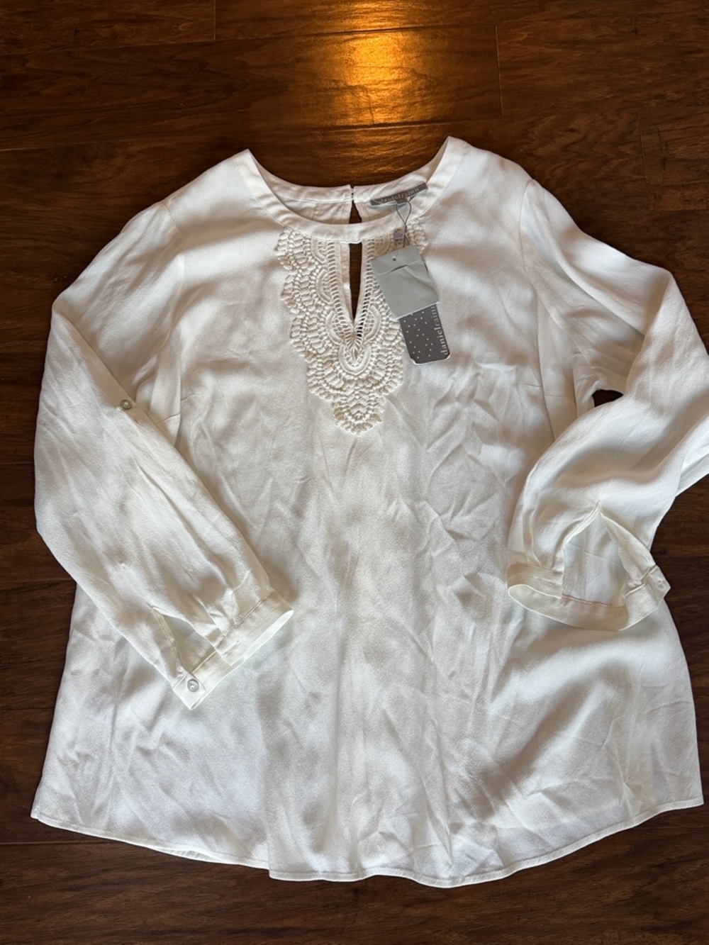 Daniel Rainn White Lace-Trim Long Sleeve Blouse